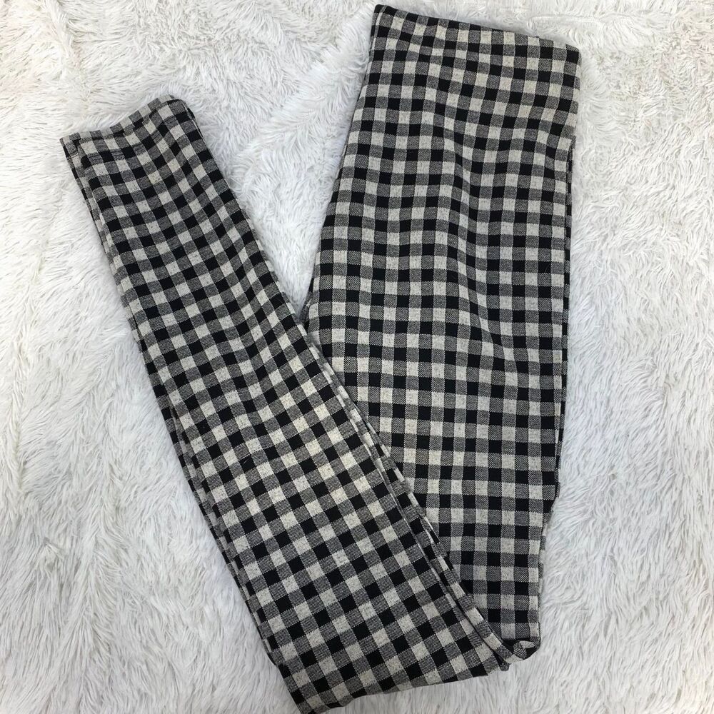 Zara High Rise Black Brown Check Plaid Ponte Gold Zip Skinny Pants Womens XS
